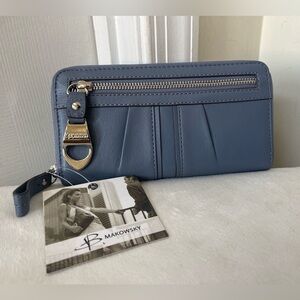 B. makowsky Dusty Blue Leather Zip Wallet NWT